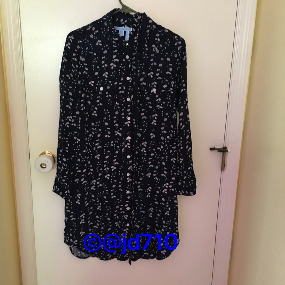 Draper James navy floral shirt dress.